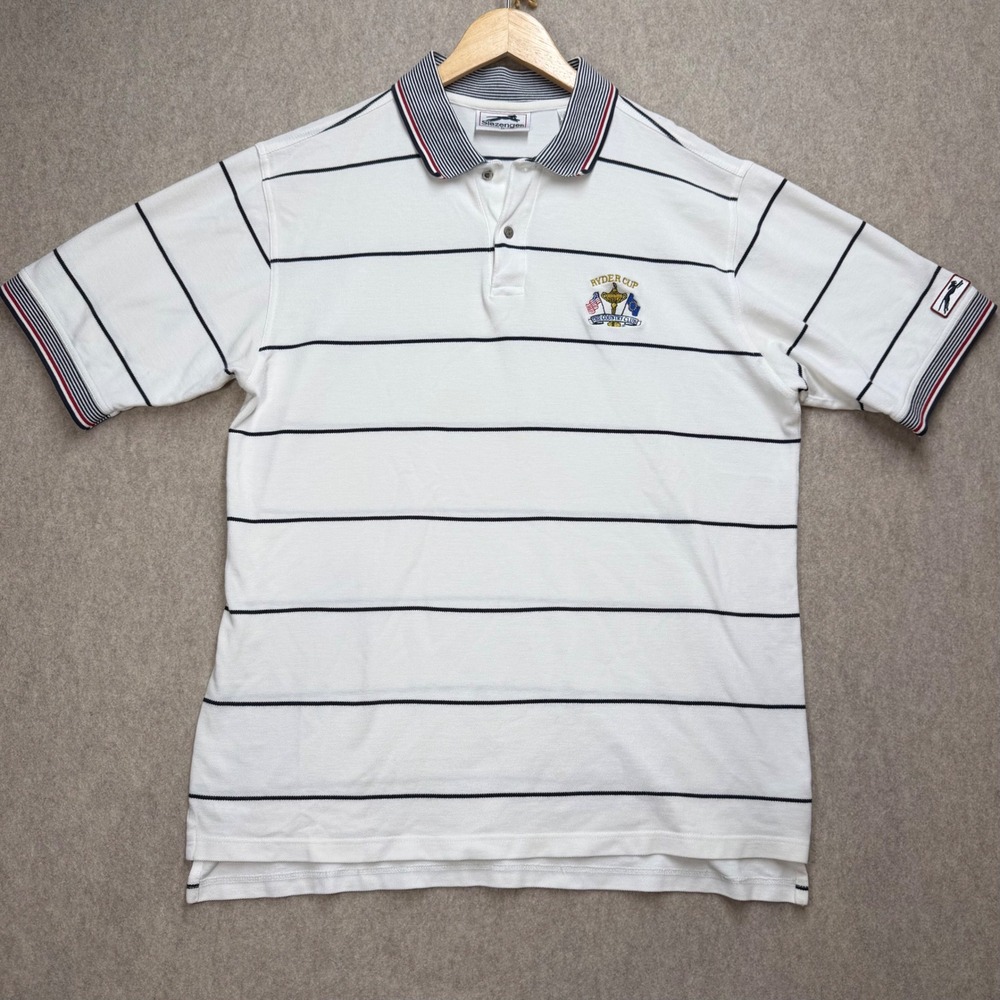 Slazenger Mens XL 99 Ryder Cup The Country Club Striped Polo Shirt White Vintage